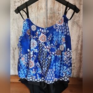 Floral Blue and Black One Piece Swimwear Swimsuit Like NEW